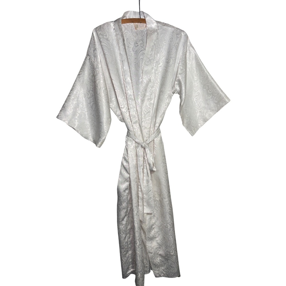 California Dynasty White Satin Paisley Jacquard Kimono Robe Long Belted Lingerie